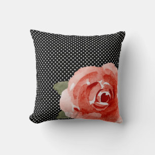 Red Rose on Black White Polka Dots Throw Pillow
