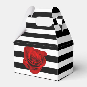 Red Rose on Black White Stripe Wedding Party Favou Favor Box