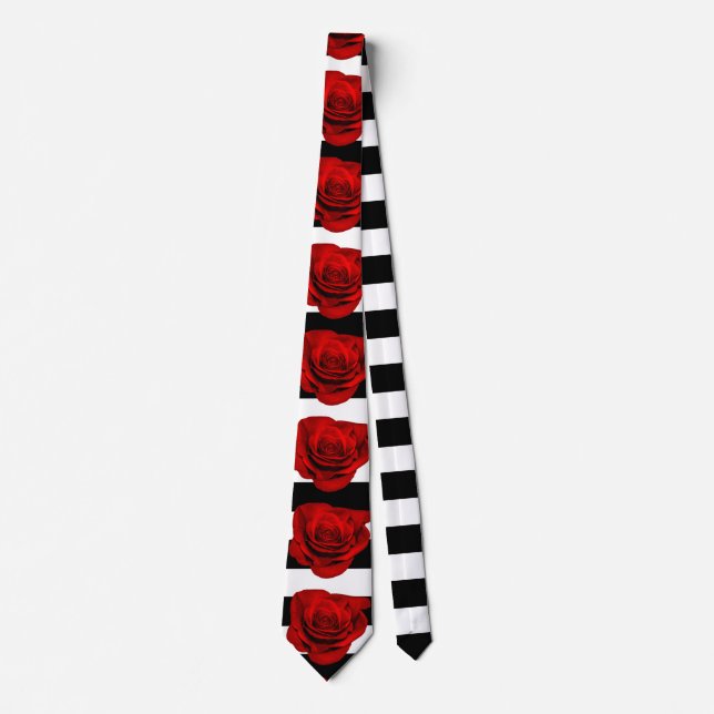 Red Rose on Black & White Stripes Personalized Tie (Front)