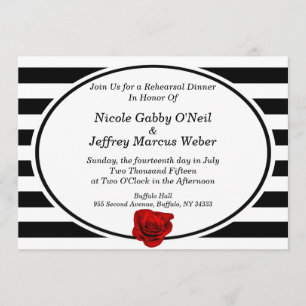 Red Rose on Black & White Stripes Rehearsal Dinner Invitation
