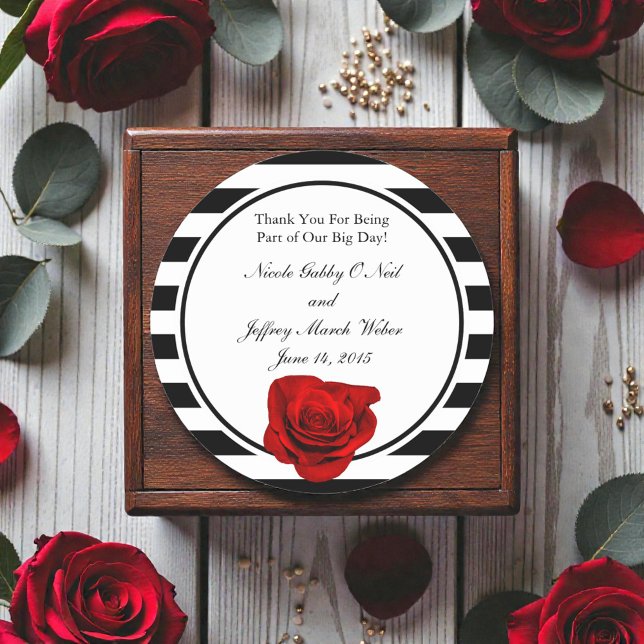 Red Rose on Black & White Stripes Wedding Classic Round Sticker (Creator Uploaded)