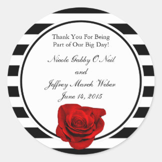 Red Rose on Black & White Stripes Wedding Classic Round Sticker