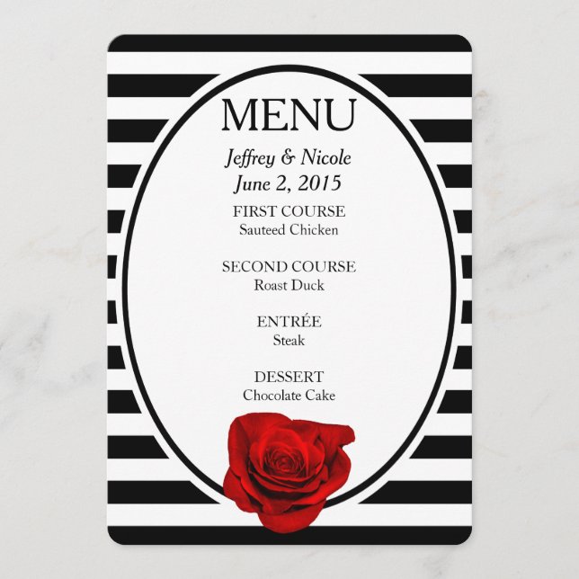 Red Rose on Black & White Stripes Wedding Menu (Front)
