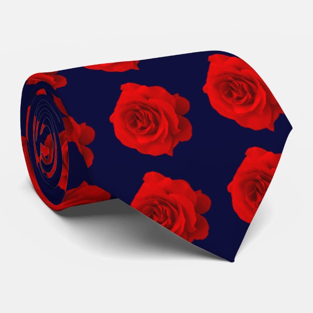 Red Rose on Dark Navy Blue Tie (Rolled)