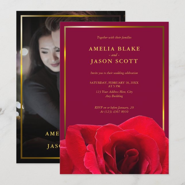 Red Rose on Deep Pink | Gold Frame Photo Wedding Invitation (Front/Back)