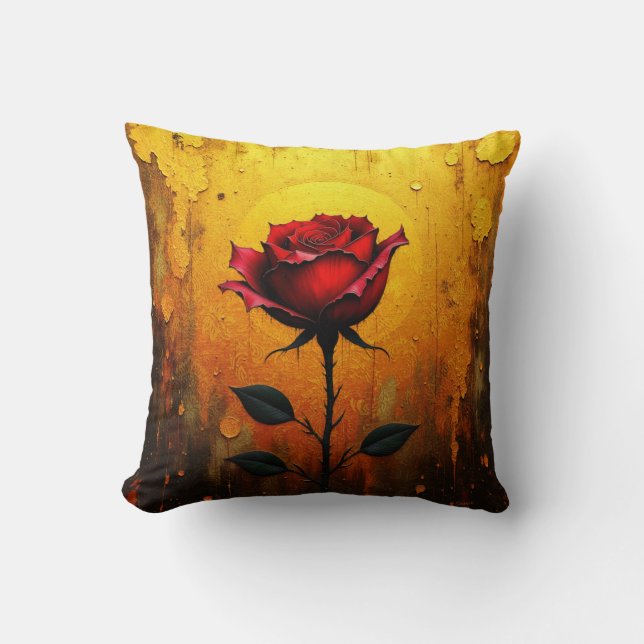 Red Rose on Gold Throw Pillow (Front)