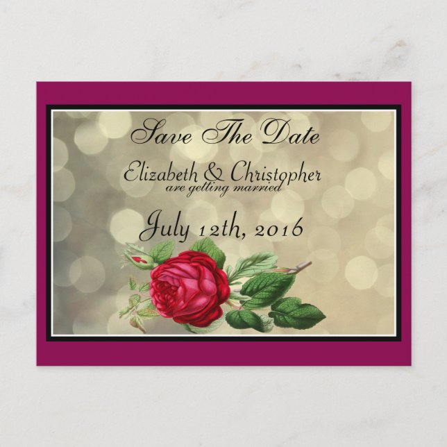 Red Rose on Golden Bokeh Wedding Save The Date Announcement Postcard (Front)
