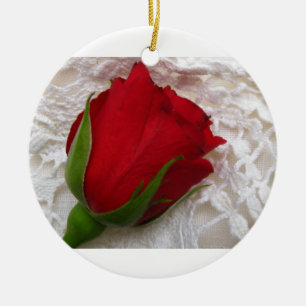 red rose on lace round ornament