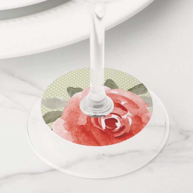 Red Rose on Lime Dots Wine Glass Tag (Close Up)