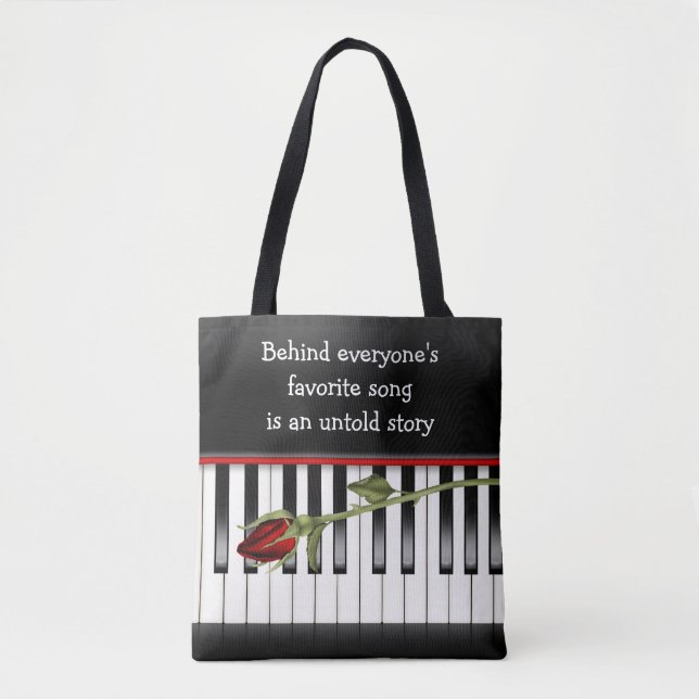 red rose on piano keyboard tote bag (Front)