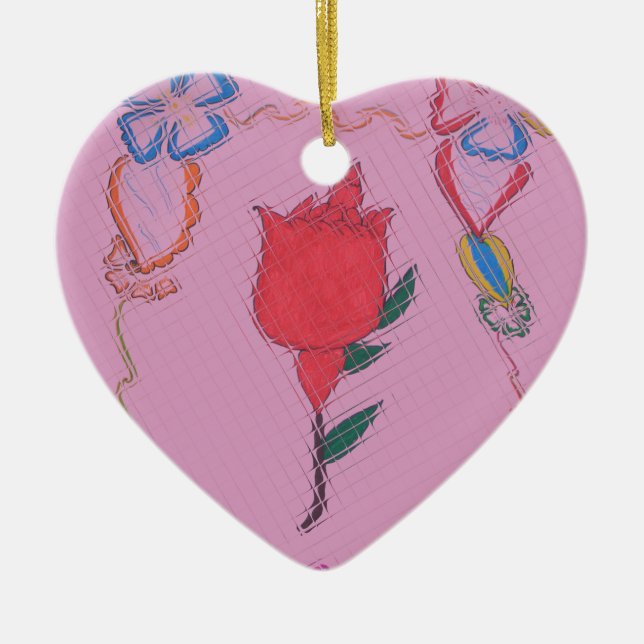 Red Rose on Pink: Floral Border Art Print/Graphic Ceramic Ornament (Front)