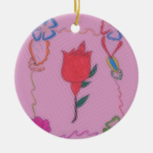 Red Rose on Pink: Floral Border Art Print/Graphic Ceramic Ornament