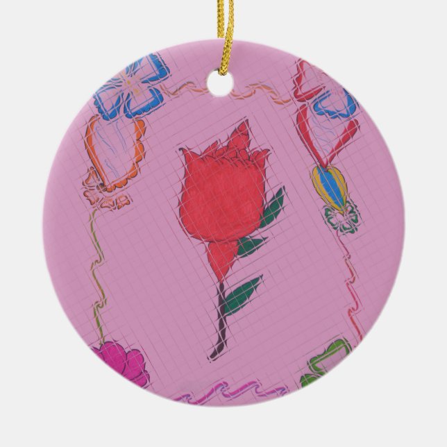 Red Rose on Pink: Floral Border Art Print/Graphic Ceramic Ornament (Front)
