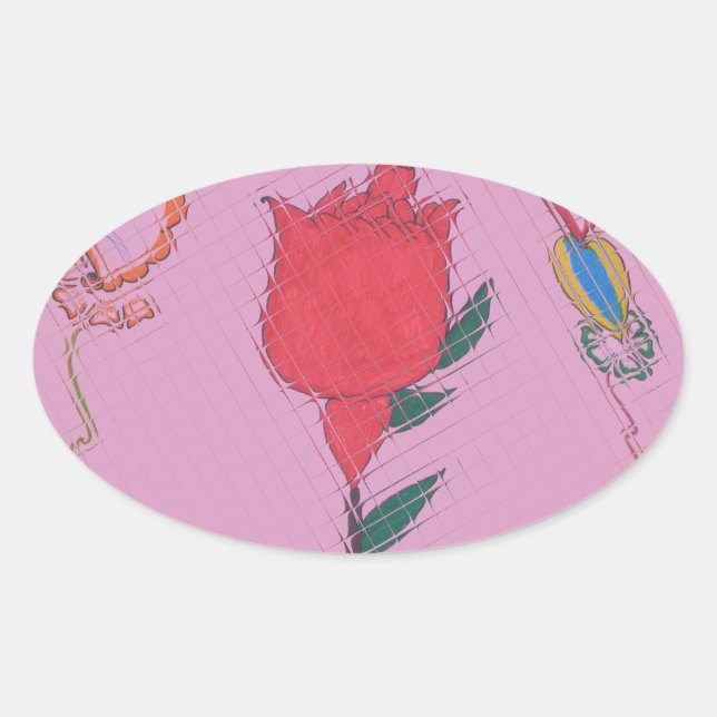 Red Rose on Pink: Floral Border Art Print/Graphic Oval Sticker (Front)