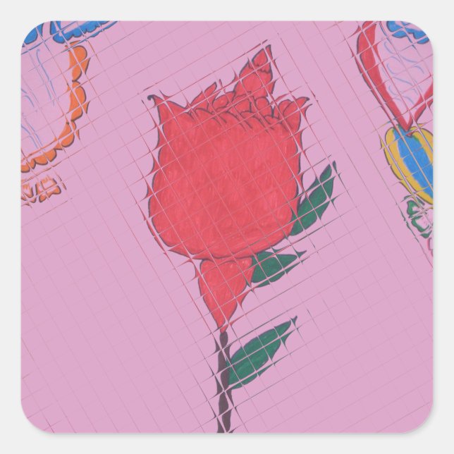 Red Rose on Pink: Floral Border Art Print/Graphic Square Sticker (Front)