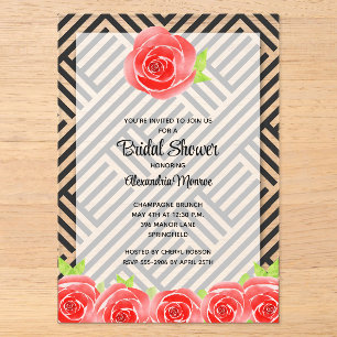 Red Rose on Stripes Bridal Shower Acrylic Invitations