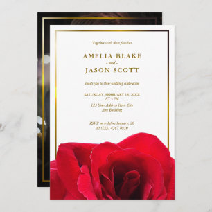 Red Rose on White   Gold Frame with Photo Wedding Invitation