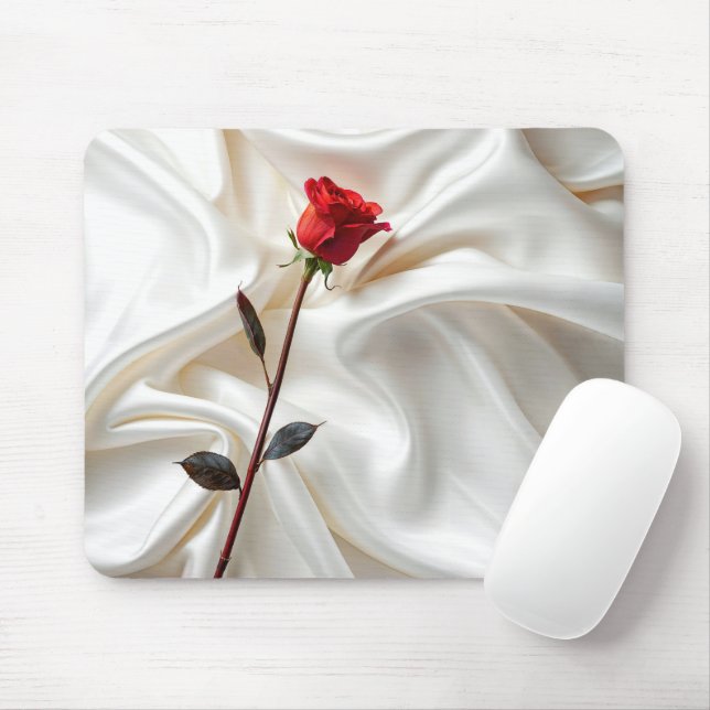 Red Rose On White Satin Mouse Pad (With Mouse)