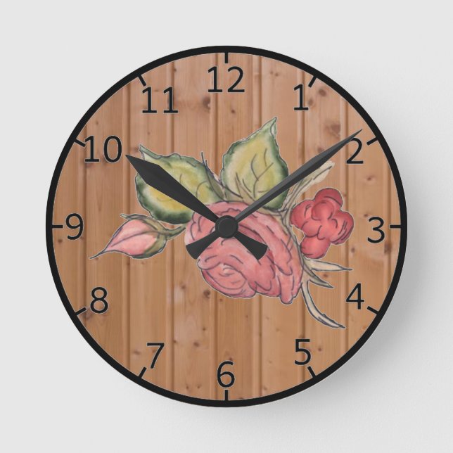 Red Rose On Wooden Background Round Clock (Front)