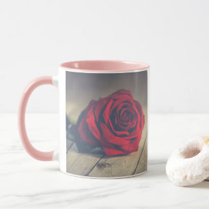 Red Rose on Wooden Floorboards Art Print Mug