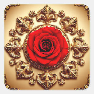 Red Rose Ornate Frame 🌹 Vintage Floral Elegance  Square Sticker