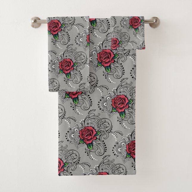 Red Rose Paisley Bath Towel Set (Insitu)