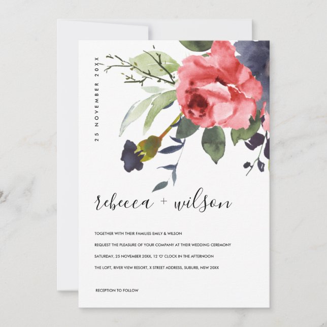 RED ROSE PEONY EUCALYPTUS FLORA WATERCOLOR WEDDING (Front)