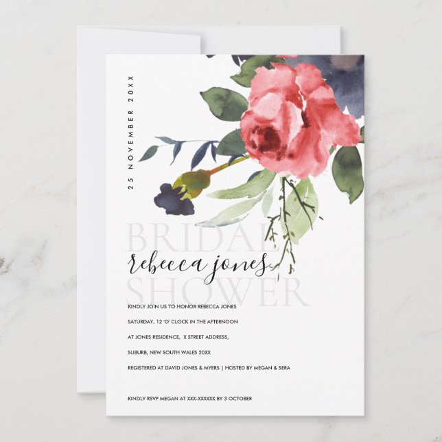 RED ROSE PEONY EUCALYPTUS FLORAL BRIDAL SHOWER ANNOUNCEMENT (Front)