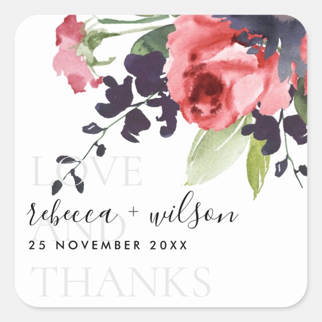 RED ROSE PEONY  FLORAL LOVE AND THANKS WEDDING SQUARE STICKER (Front)