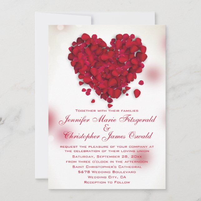 Red Rose Petals Love Heart Wedding Invitation (Front)