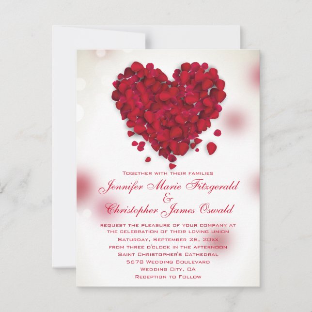 Red Rose Petals Love Heart Wedding Invitation (Front)