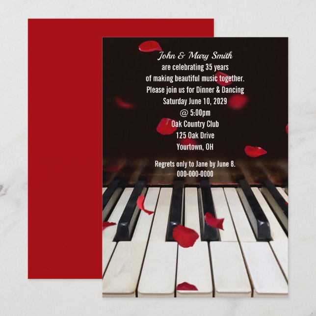 Red Rose Petals on Piano 35th Anniversary Invitation (Front/Back)