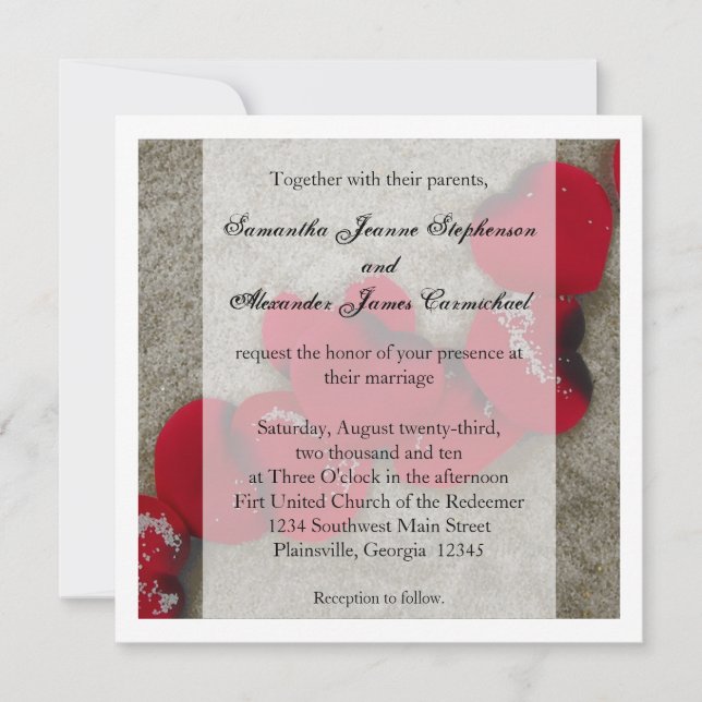 Red Rose Petals, Sand Beach Wedding Invitation (Front)