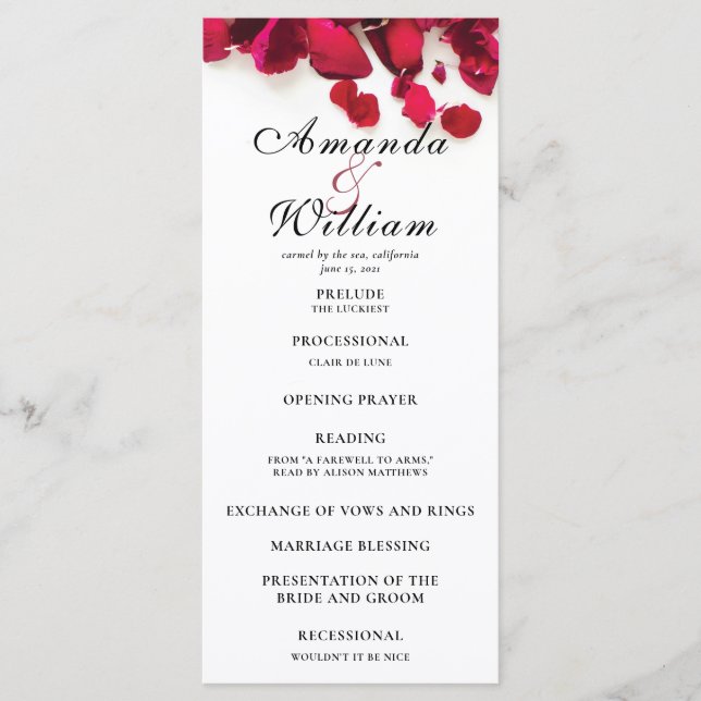 Red Rose Petals Wedding Ceremony Program (Front)
