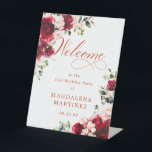 Red Rose Pink Peony 21st Birthday Welcome  Pedestal Sign<br><div class="desc">Welcome guests to your birthday party with this elegant floral design. Two lush red and white floral arrangements are placed in diagonal corners. Welcome is written in a large trending font. The remainder of the text is a classic upright font and very easy to customize. This item is part of...</div>