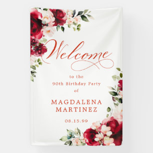 Red Rose Pink Peony 90th Birthday Welcome Banner