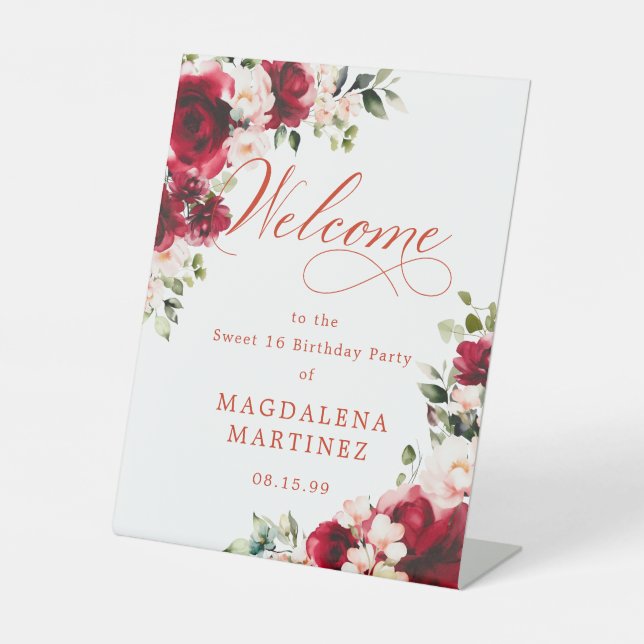 Red Rose Pink Peony Sweet 16 Birthday Welcome  Pedestal Sign (Front)