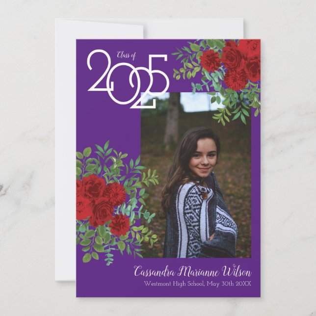 Red Rose Purple Photo Graduation Announcement (Front)