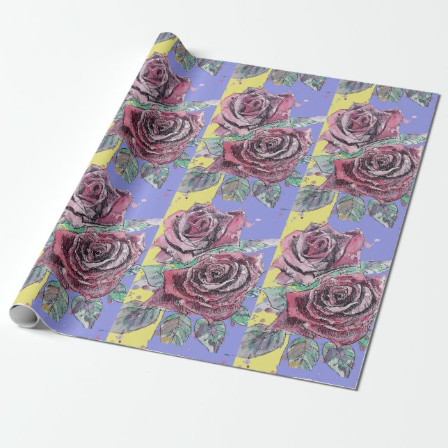 Red Rose Purple Spring flowers Watercolor Wrapping Paper (Unrolled)