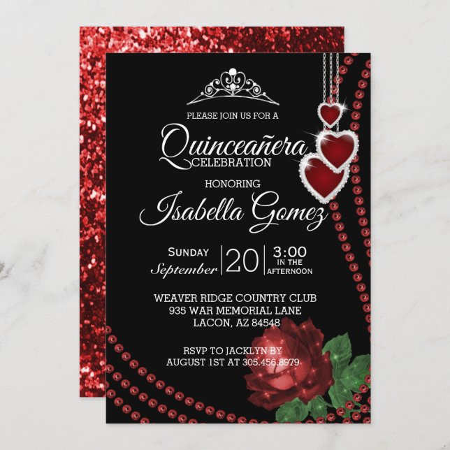 Red Rose Quinceañera Celebration Invitation (Front/Back)