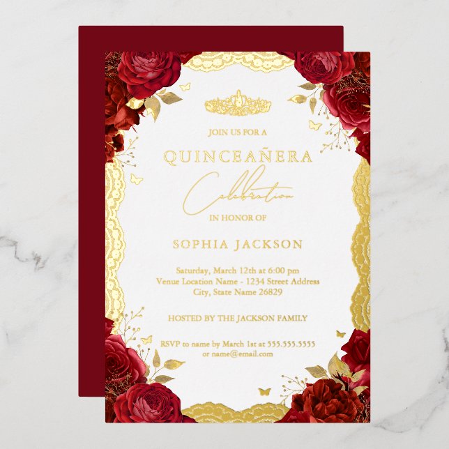 Red Rose Quinceanera Gold Lace Birthday (Front/Back)