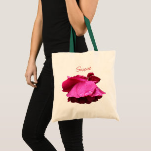 Red Rose Raindrops Floral Personalized Tote Bag
