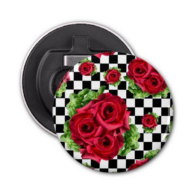 Red Rose Rockabilly Check Bottle Opener (Front)