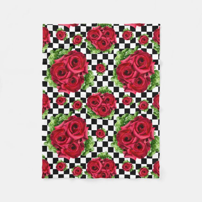 Red Rose Rockabilly Check Fleece Blanket (Front)