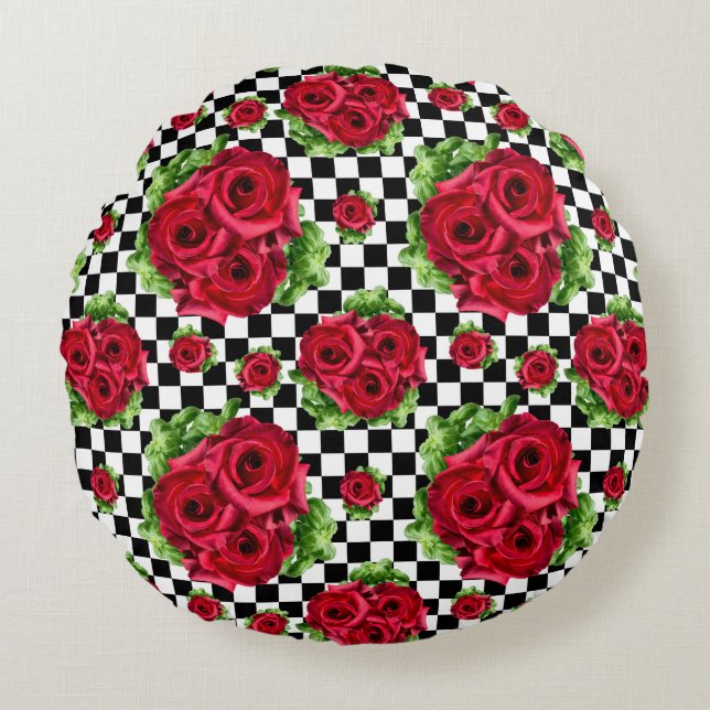 Red Rose Rockabilly Check Round Pillow (Front)