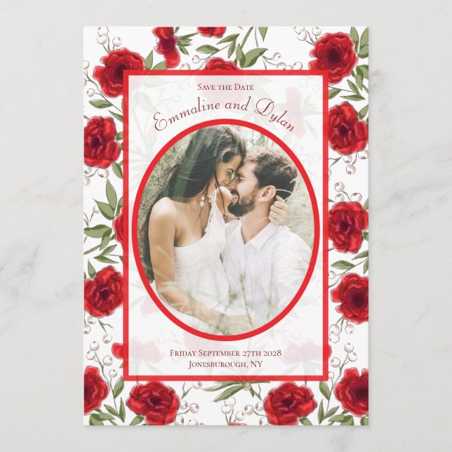Red Rose Romantic Wedding Photo Save the Date Invitation (Front)