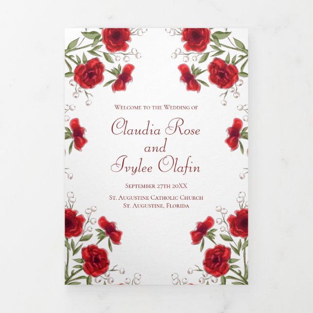 Red Rose Romantic Wedding Programs Tri-Fold Programme (Cover)