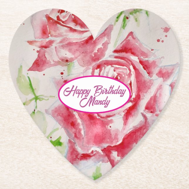 Red Rose Roses Flower Pattern Paper Party Plate Paper Coaster (Front)