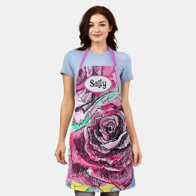 Red Rose Roses Watercolour Floral Flowers Flower Apron (Worn)