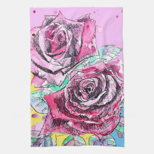 Red Rose Roses Watercolour Floral Flowers Flower Kitchen Towel